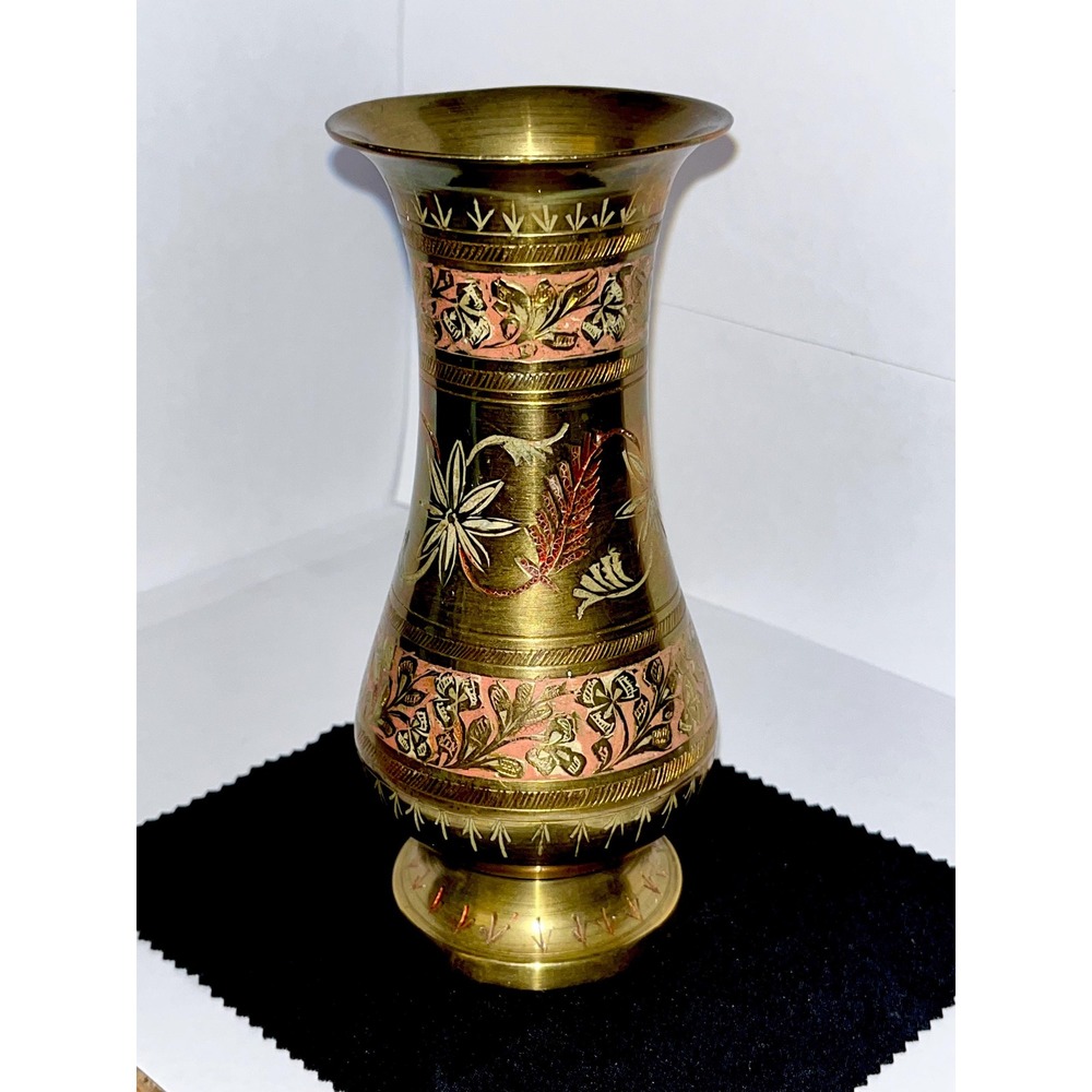 Vintage Brass Nakkashi Engraved Enamel Vase India Gold Red 6.25"